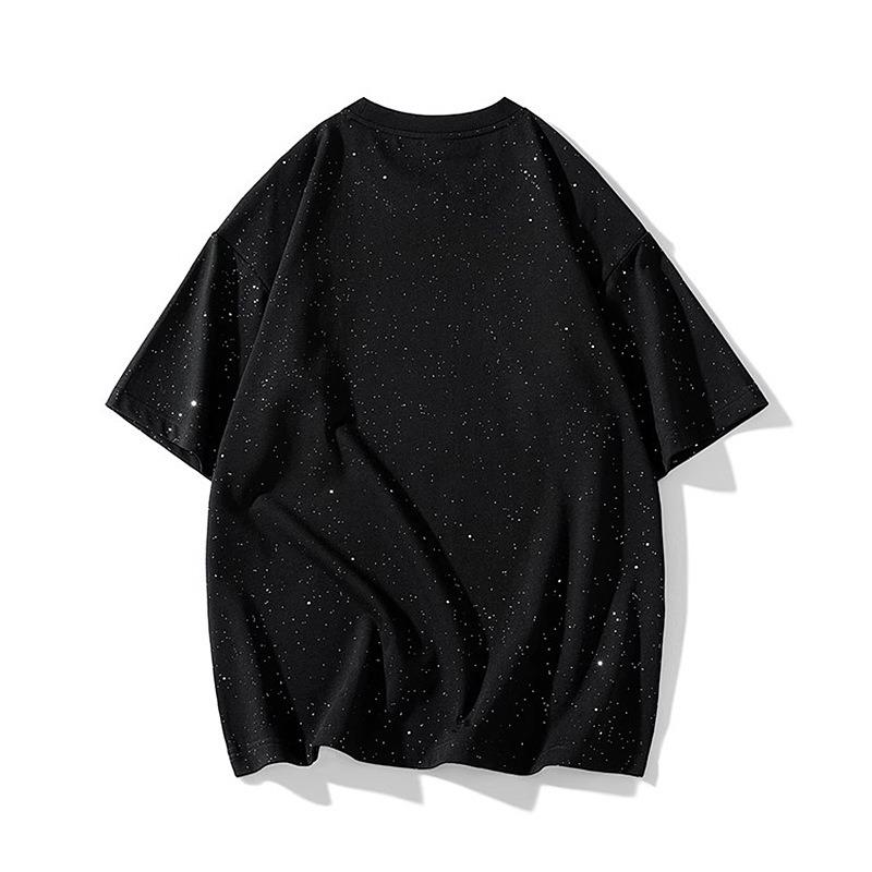 Gładki T-shirt z krótkim rękawem z czystej bawełny z okrągłym dekoltem, luźny, błyszczący, czarno-biały, cekinowy