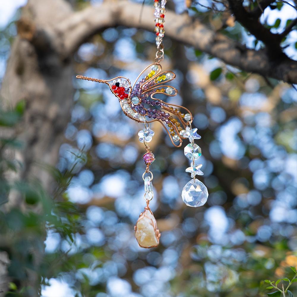 Colorful Bird Crystal Sun Catcher Home Garden Decoration Pendant Natural Crystal Crushed Stone Animal Bell Dreamcatcher Net