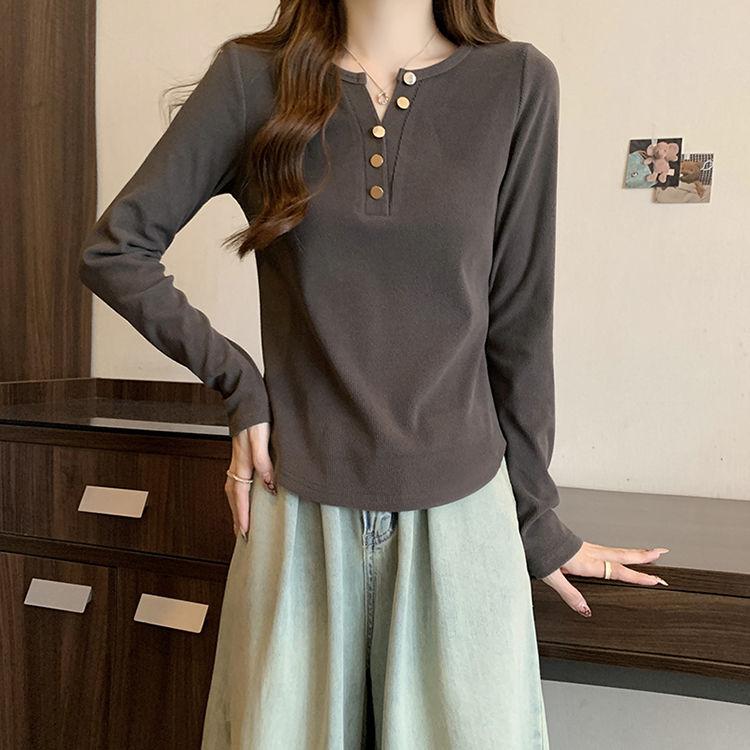 Herbst und Winter Reine Baumwolle Schulter Langarm T-Shirt V-Ausschnitt Vielseitiges Damenoberteil