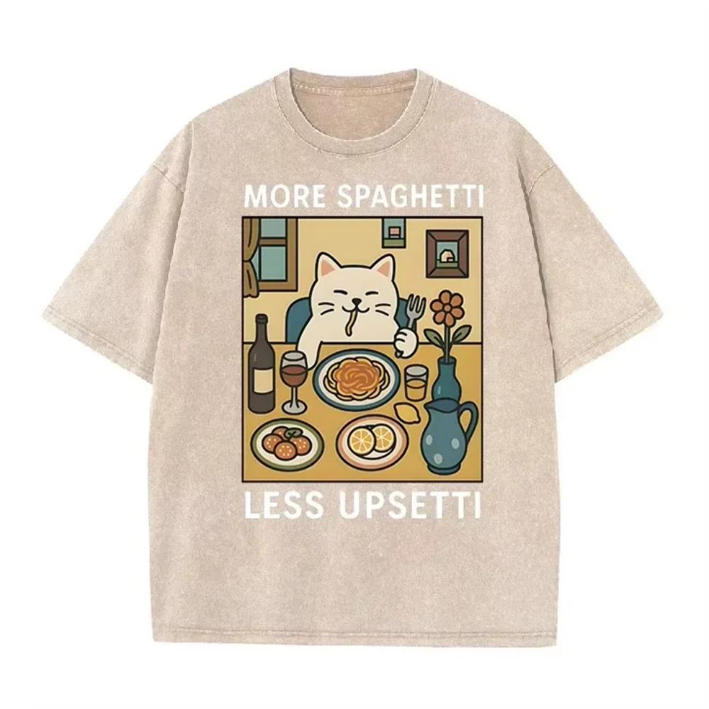 Süße Katze isst Spaghetti Witz Slogan Grafik Vintage Wash Übergroßes Schwarzes T-Shirt Essensliebhaber Täglich Streetwear Top