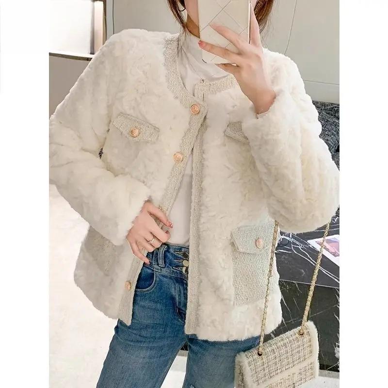 Winter Woman Fluffy Lamb's Fur Coat Warm Faux Fur Coat Collar Short Outerwear Coat Cowl Button Korean Fur Jackets New