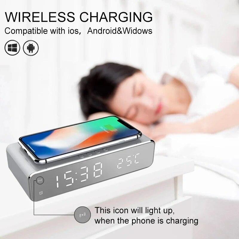 Bezdrátová nabíječka Časový budík LED Digitální teploměr Sluchátka Telefon Nabíječky Rychle nabíjecí dokovací stanice pro iPhone Samsung