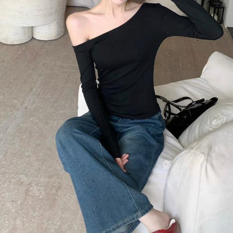 Women Autumn Long-sleeved Slash Neck Crops Tops Elastic Sexy Slim Backless T-Shirts Female New Fashion Lace-up Solid Top Tees