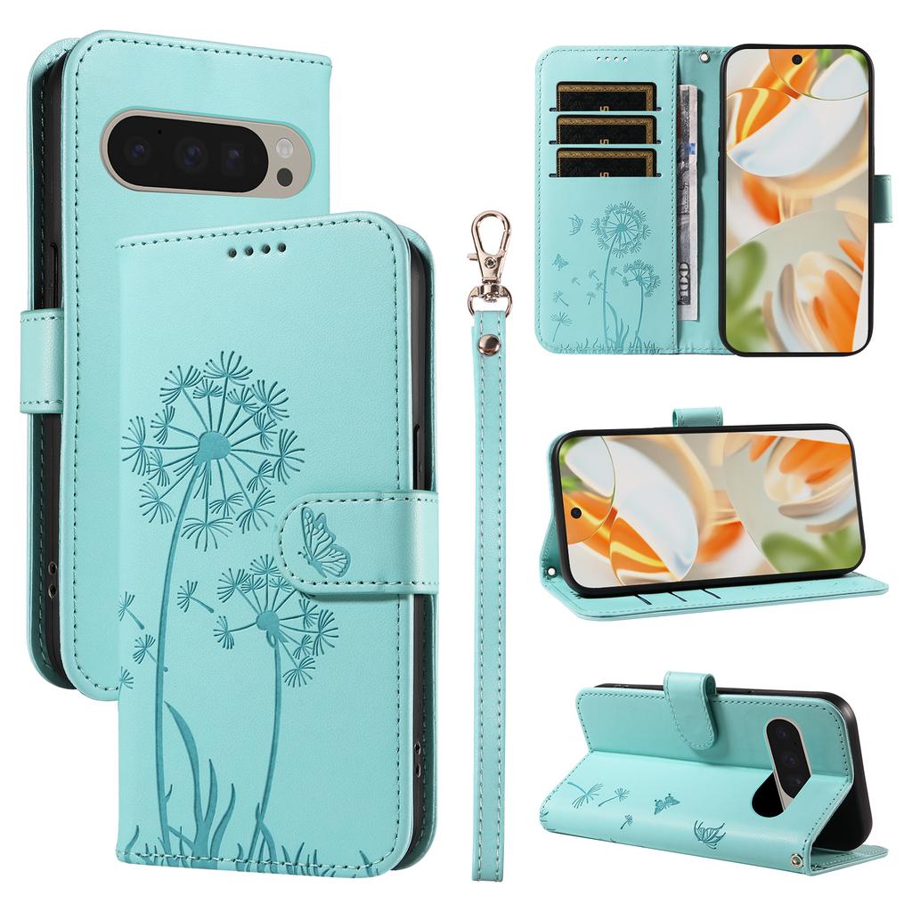 Skórzane etui portfelowe na Google Pixel 9 Pro/Google Pixel 10/Google Pixel 10 Pro/Google Pixel 9 ze smyczą, nadrukiem dmuchawca i funkcją podstawki