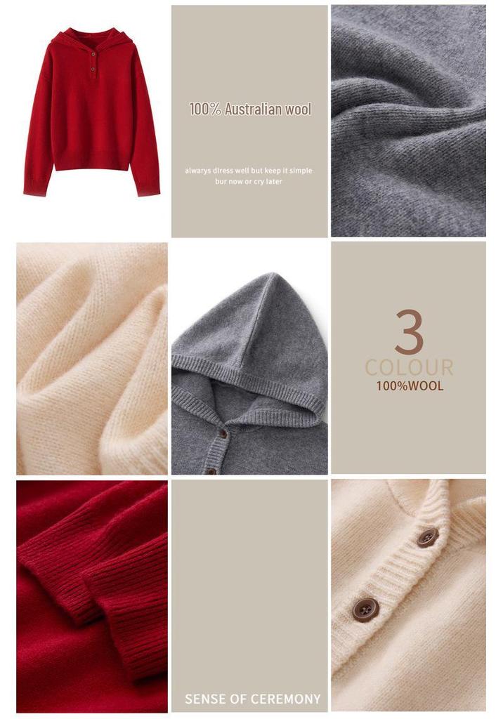 Women's Pure Wool Hooded Sweater - Thick, Loose, Casual Base Layer for Autumn/Winter
