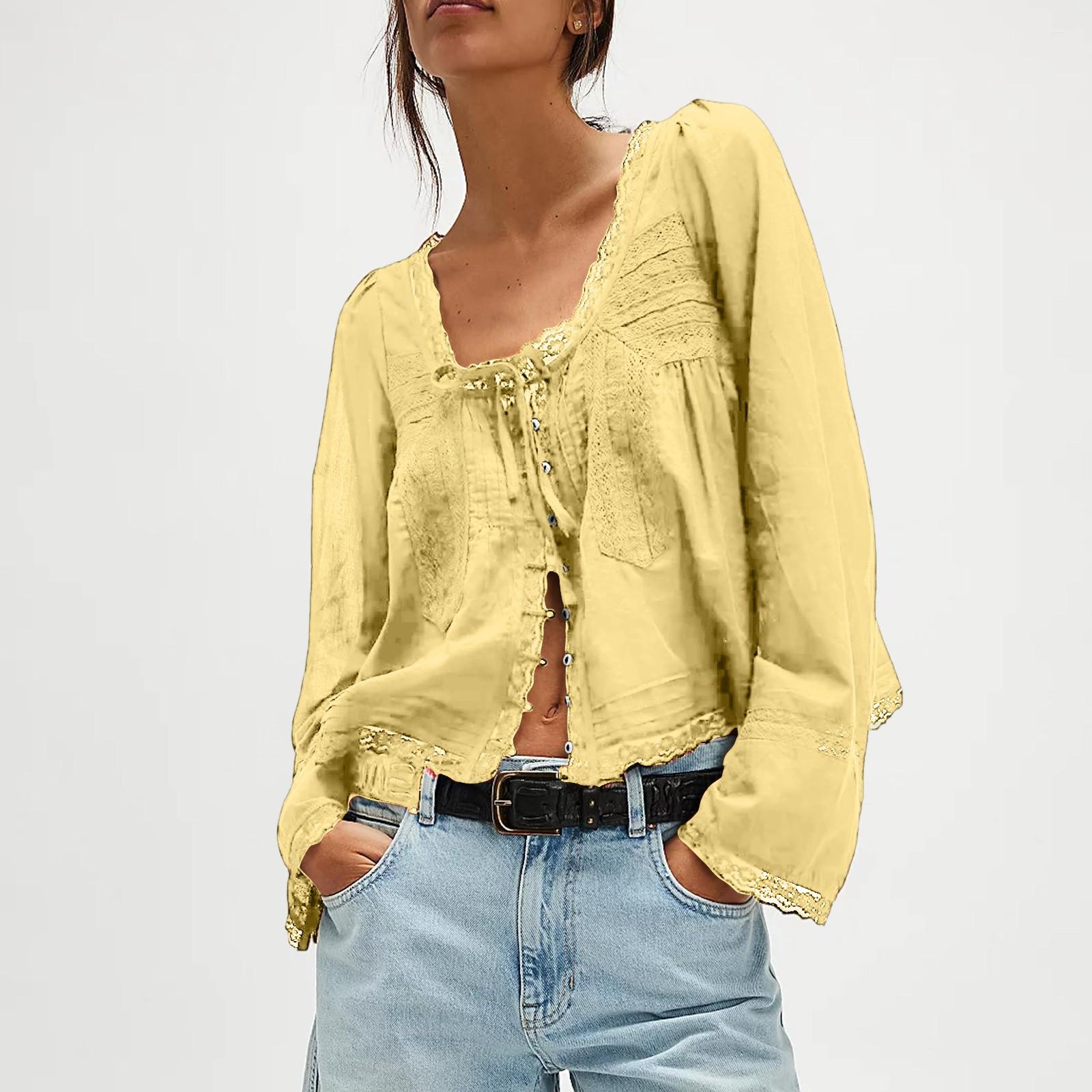 

Женская мода повседневный длинный рукав кружевной милый тонкий топ на пуговицах S жёлтый