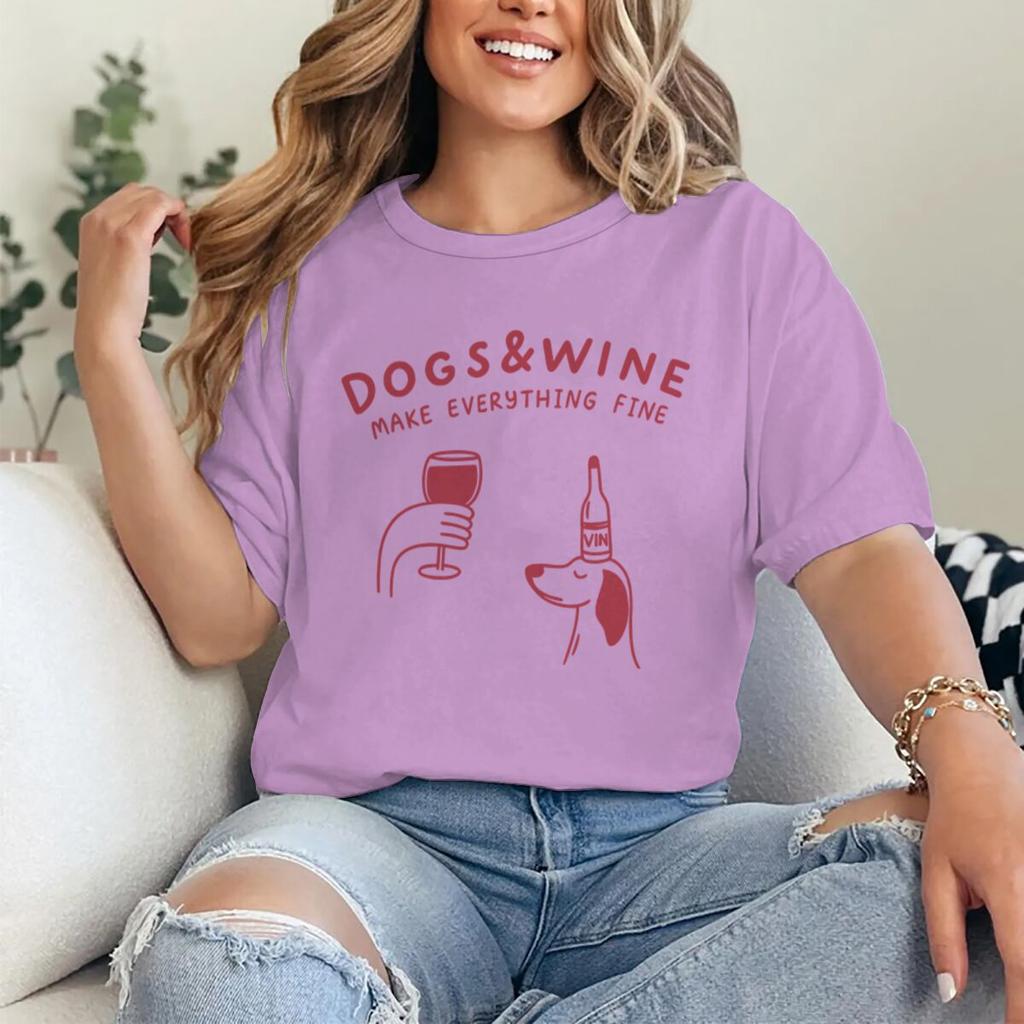 Hunde Und Wein Machen Alles Gut Lustige Vintage Grafik T-Shirts Tier Shirt Mode Hundemama T-Shirts Geschenke Damen Y2K Oberteile