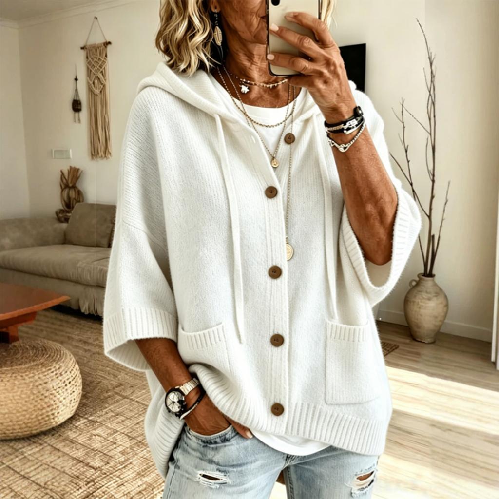 Damen Strickjacke mit Kapuze, Knopfleiste und langen Ärmeln – Farbe Lässig Herbst Winter Oberbekleidung