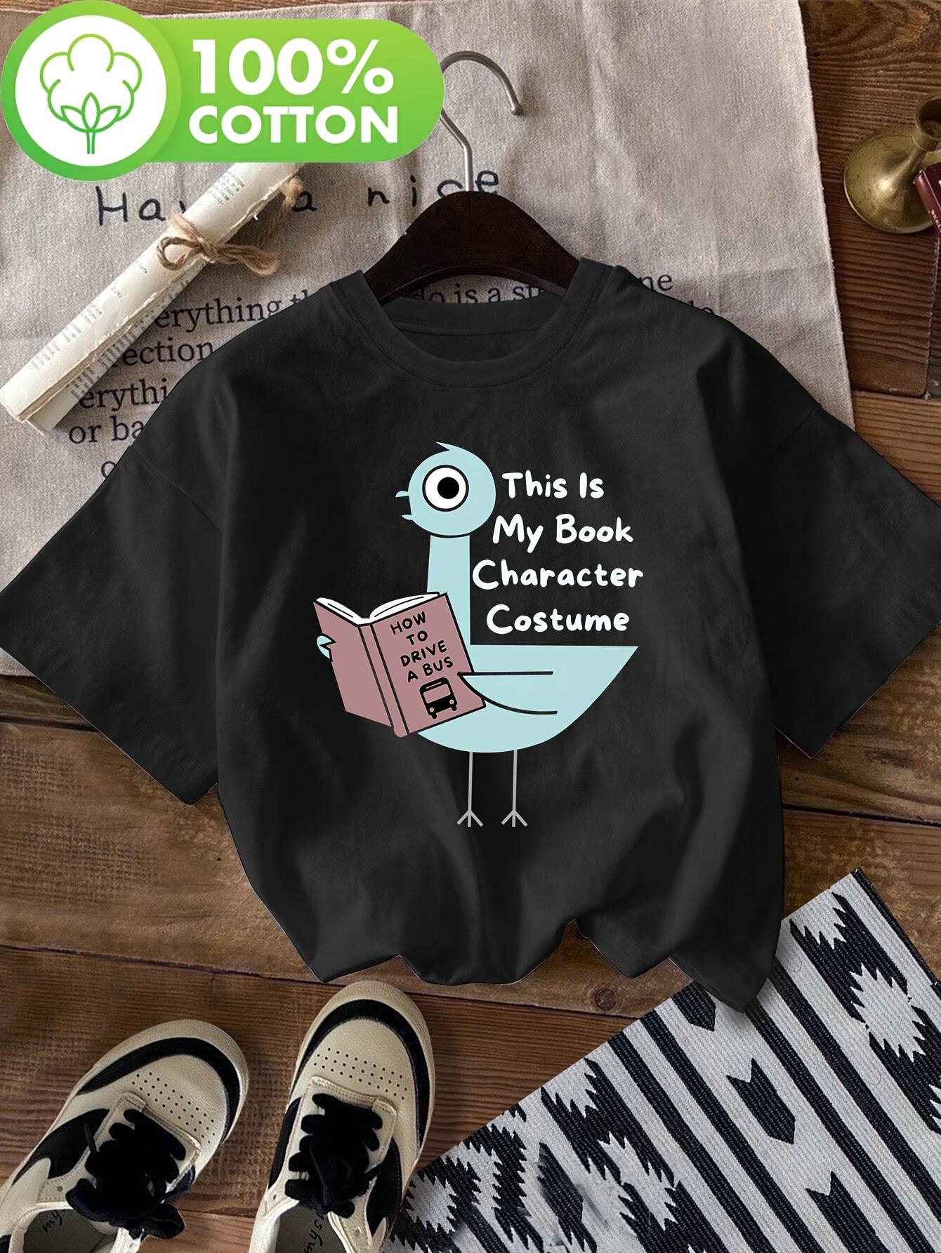 

Pigeon Reading Print T-shirt, Short Sleeve Crew Neck Casual Top for Summer & Spring, Women s Clothing S разноцветный