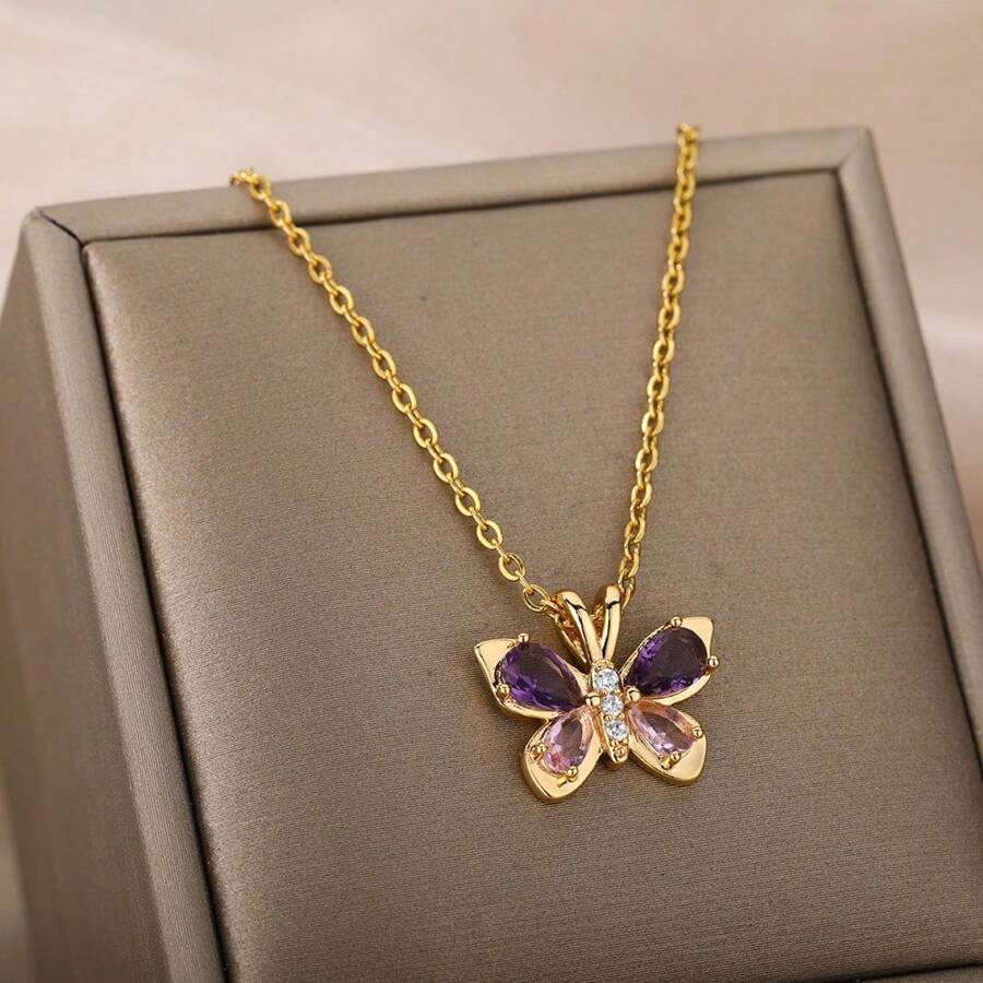 1pc Women's Cute Butterfly Necklace Stainless Steel Crystal Zircon Simple Suitable for Party Daily Wear Romantic Collar Necklace