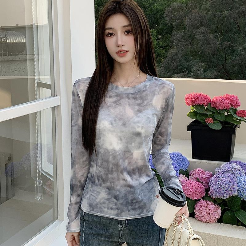 Crew Neck Mesh Printing Long-sleeved Shirt Women's Spring and Summer Slim-fitting Thin and Slightly Transparent Sunscreen Top