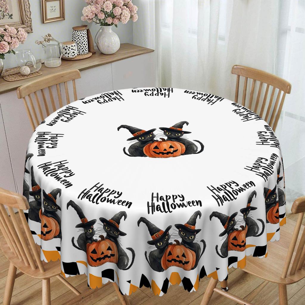 1 Halloween-Themed Tablecloth With Black Cat Pattern, Orange And Black Plaid, Suitable For Home And Kitchen Decoration