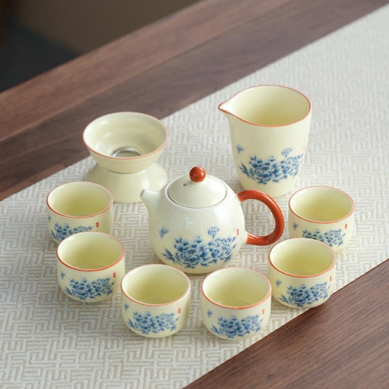 Light luxury travel tea set Huang Ru kiln peony set Kung Fu teapot