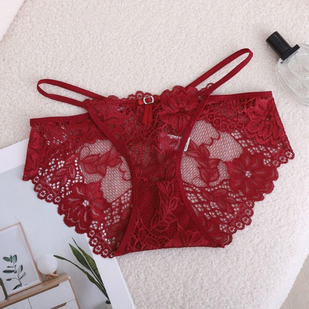 Lingerie Transparent Lace Panties Hollow Out Low Waist Bow Briefs Mesh Women's Underwear Summer
