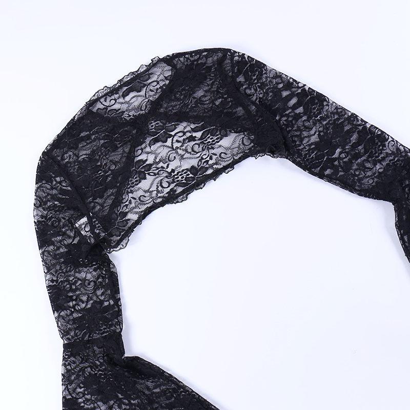 Women's Black Lace Bell Sleeve Halloween Top - Elegant Stand-up Collar