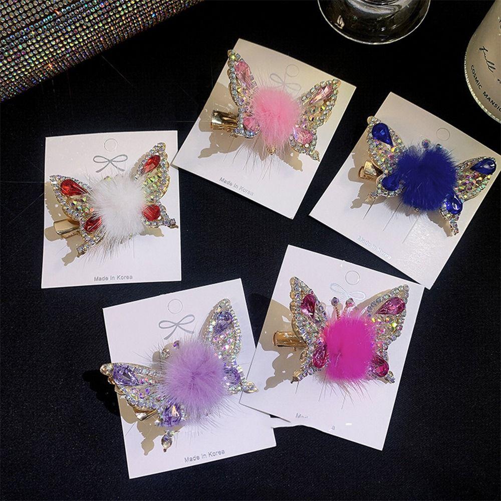 

Diamond Plush Ball For Female Side Clip Butterfly Hairpin Korean Style Hairpin Hair Accessories