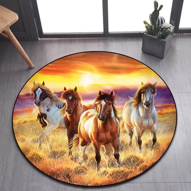 3D Running Horses Round Carpet Non-slip Mat Luxury Wild Horse Area Rug for Game Room Bedroom Decoration