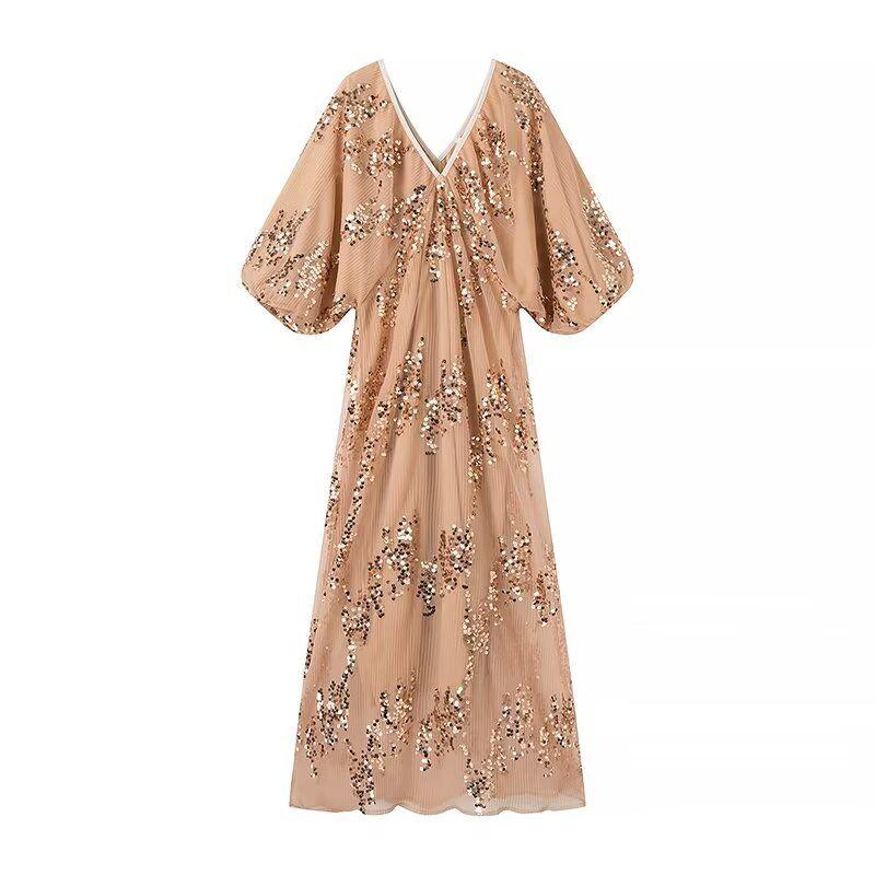 

Kaslead New Arrival Women s Clothing Fashion Style Fashion Casual Dolman Sleeve Sequin Deep V Neck Long Dress Khaki L