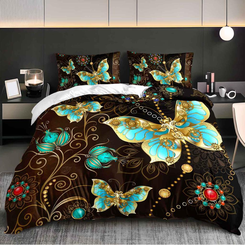 3pcs Luxury Teal Golden Butterfly Bedding Set Bohemian Butterfly Quilt Cover Set Bohemian Themed Duvet Cover Set