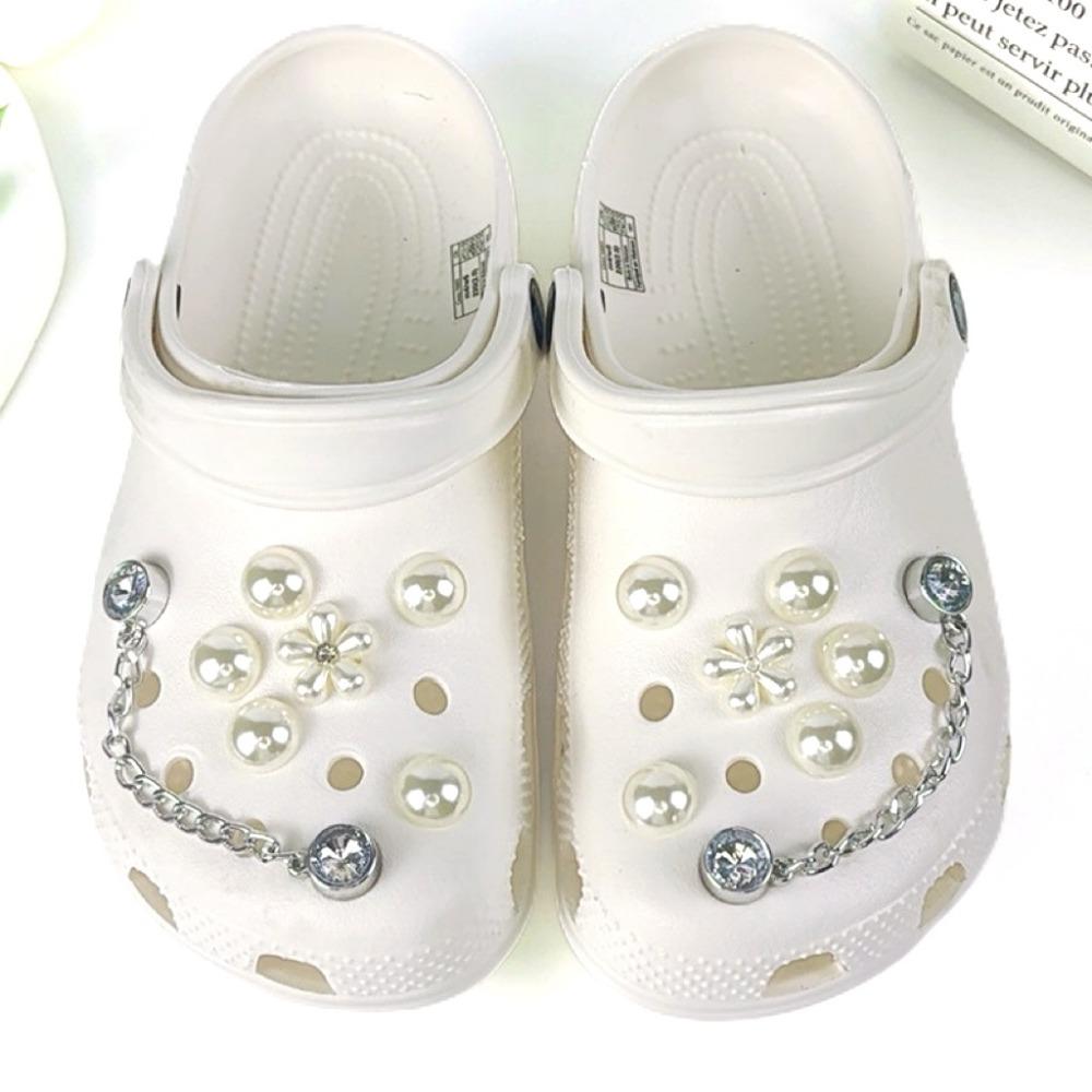 14PCS Fashion Shoe Charms for Clogs Set Accessories Hole Shoe Buckle Summer Pearl Flower Diamond Chain DIY Shoes Decorations