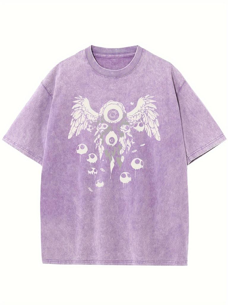 Retro Washed Pattern Highquality Cotton Mens Tshirt  Loose Fit Short Sleeved Round Neck Top