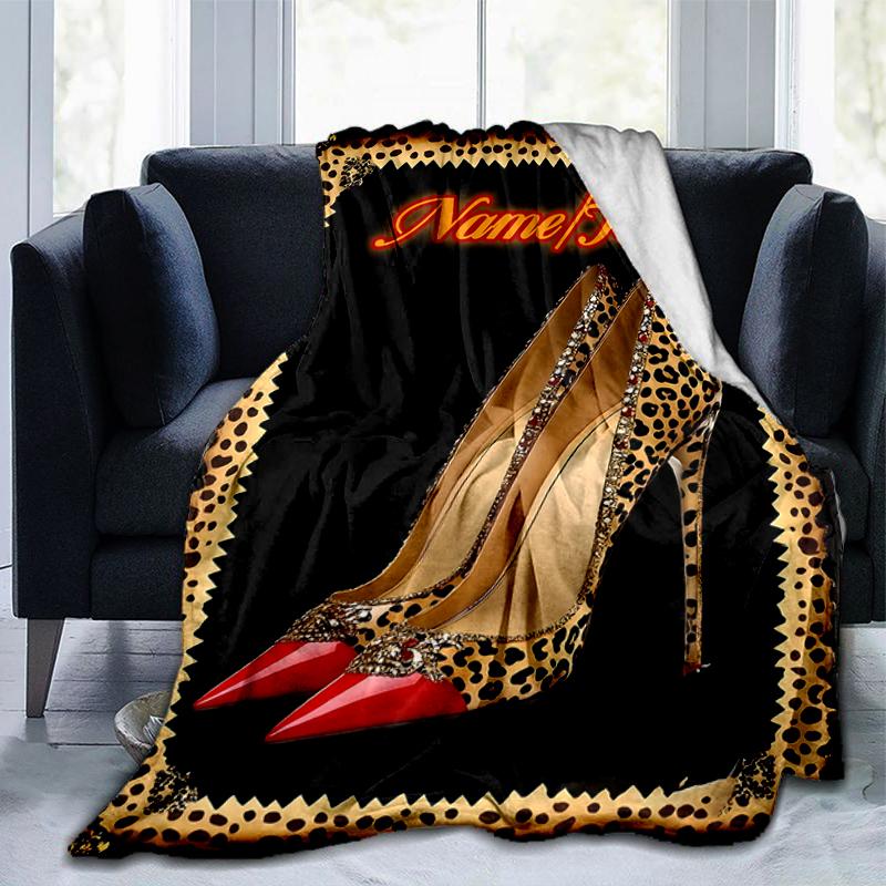 1PC Custom Name Luxury Leopard Heels outdooor Flannel blankets Throw Blanket All-Season Throw Gift Bedspread for Couch, Bed, Camping Holiday Birthday