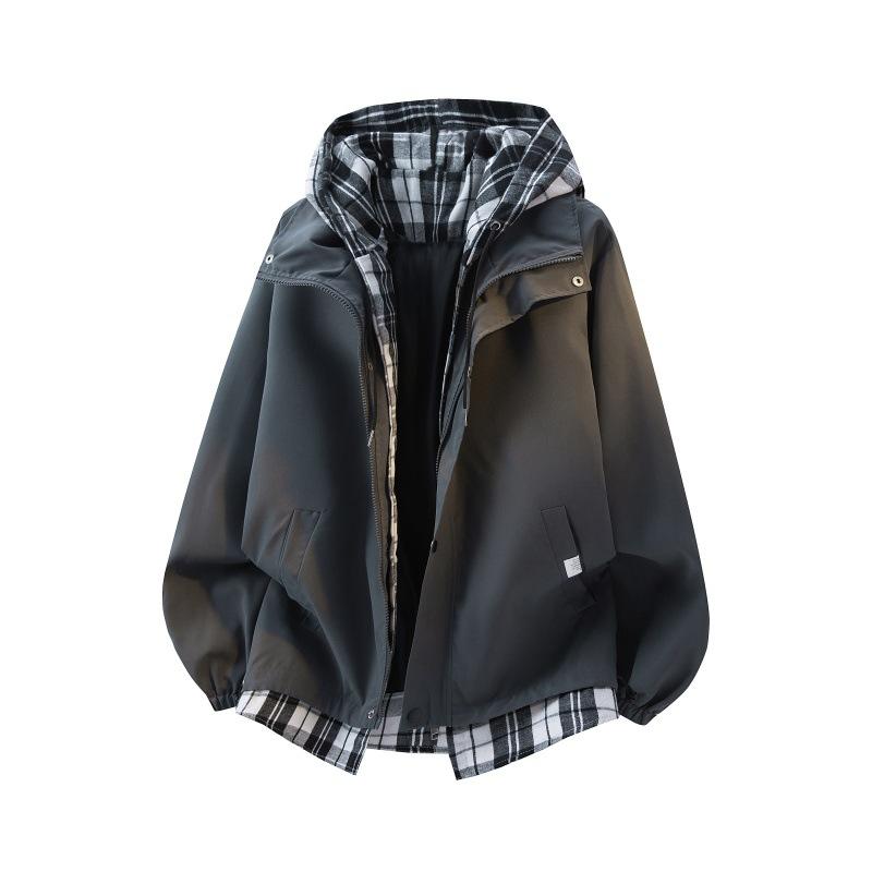 

Men s Blue Plaid Hooded Two-in-One Jacket Loose Fit Windbreaker with Plaid Lining M сірий
