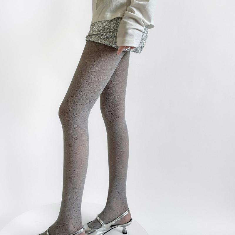 Womens Nylon Sheer Pantyhose Lace Detailing Slimming Pantyhose Solid Color Hollowout Geometric Pattern Stockings Hosiery