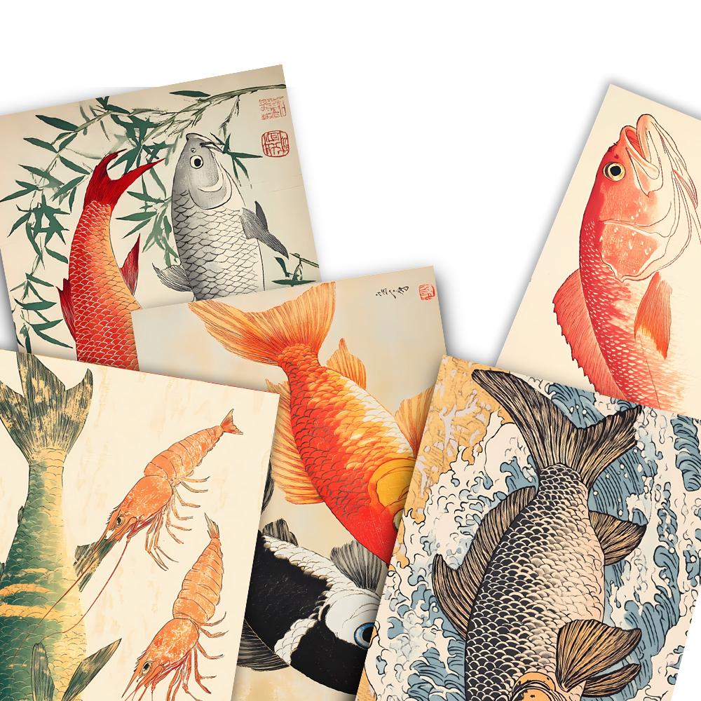 32 pezzi, Cartoline Giapponesi Vintage con Pesci, Adesivi Decorativi per Stanze, Materiali per Brochure, Souvenir, Collezionismo e Postali