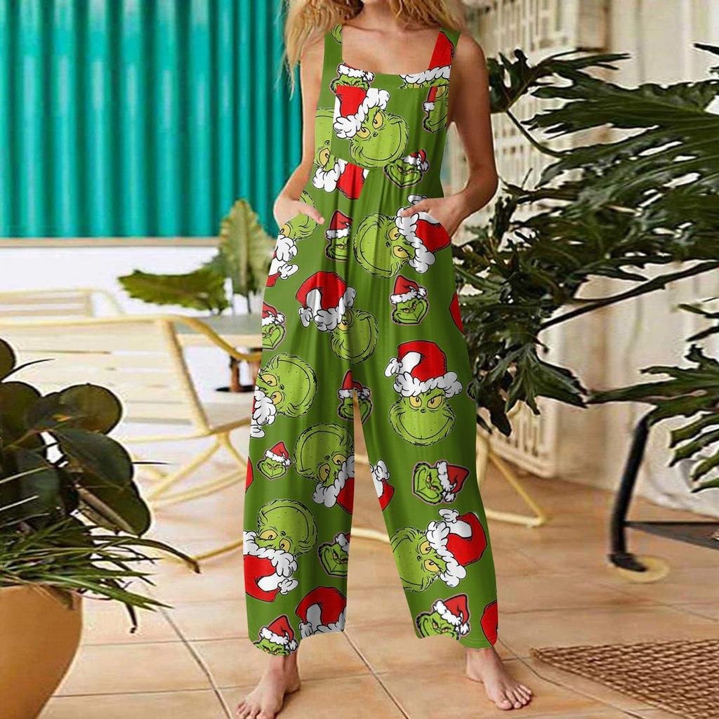 Women's Casual Loose Jumpsuit Christmas Print Wide Leg Jumpsuit Sleeveless With Pockets