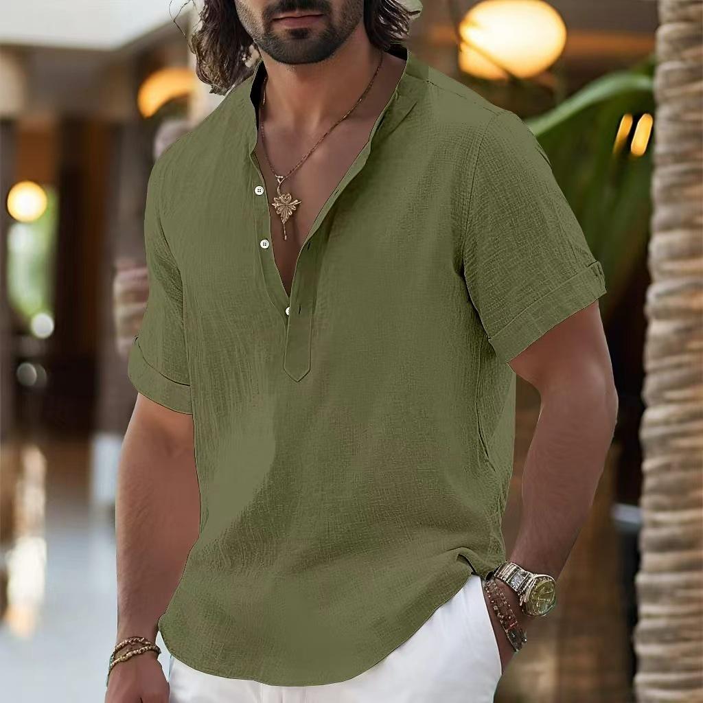 Men's Linen Shirts Short Sleeve Button Up Neck Stand Collar Casual Summer Home Daily Shirts