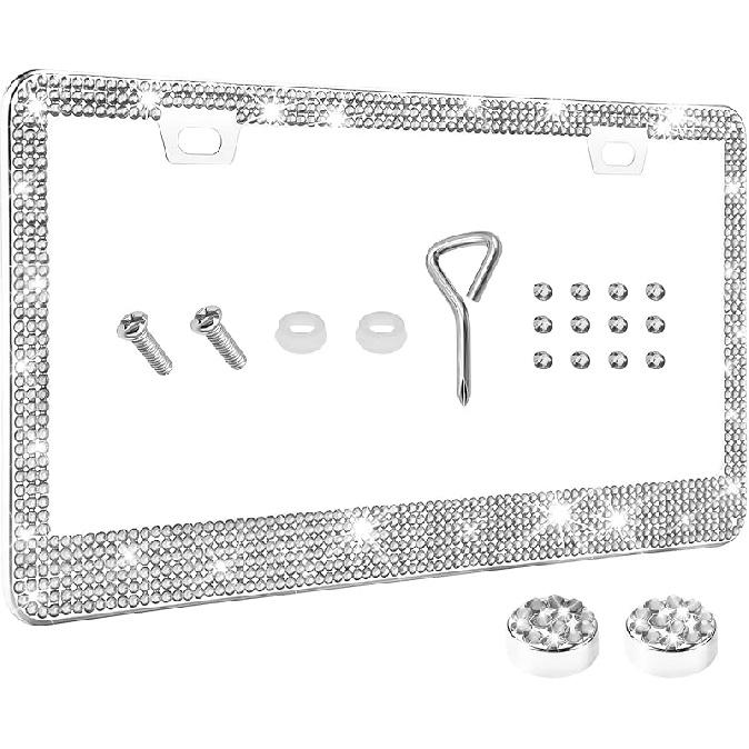 Bling License Plate Frame for Women, License Plate Cover, Sparkly License Plate Frames, Stainless Steel Car Accessories with Diamond Sparkle Glitter