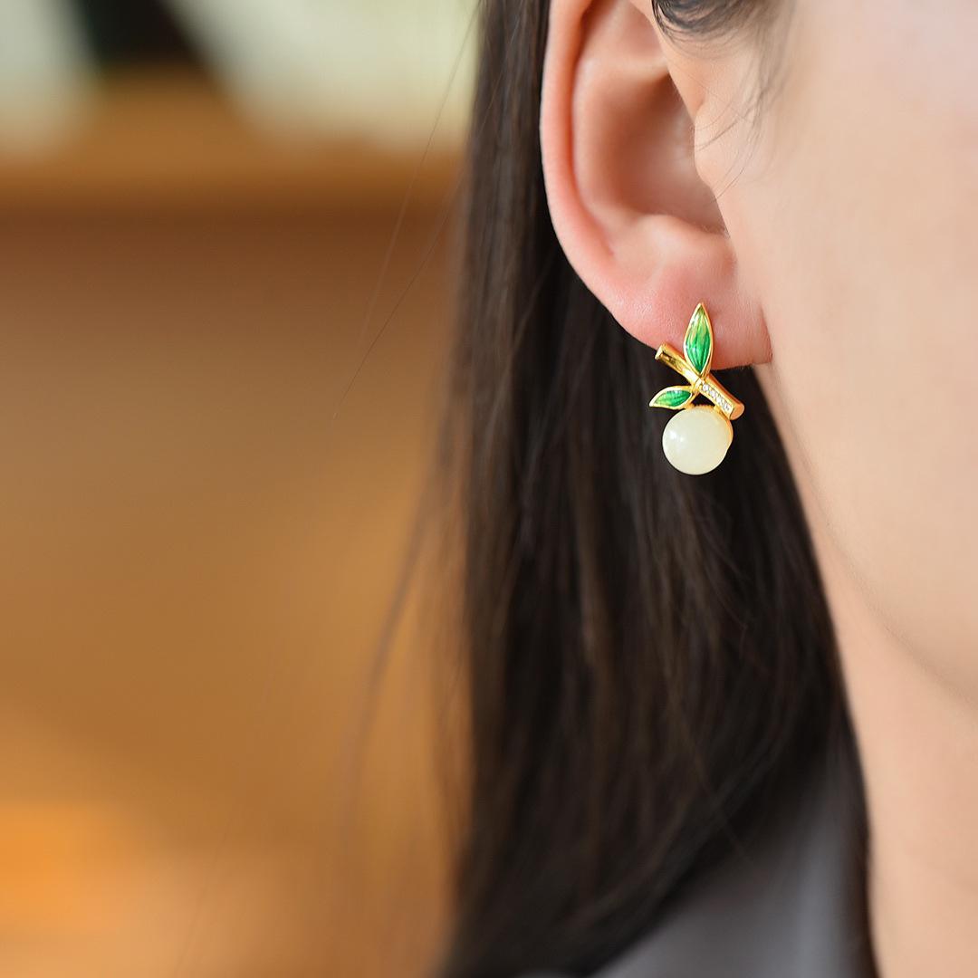 

Серьги из серебра 925 пробы в китайском стиле с эмалью в виде бамбуковых листьев и нефритом Хэтянь 925 Silver золотой