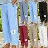 Leinenhose für Damen, Strand, lässig, lockere elastische Taille, Sommerhose, abgeschnittene Hose mit Tasche