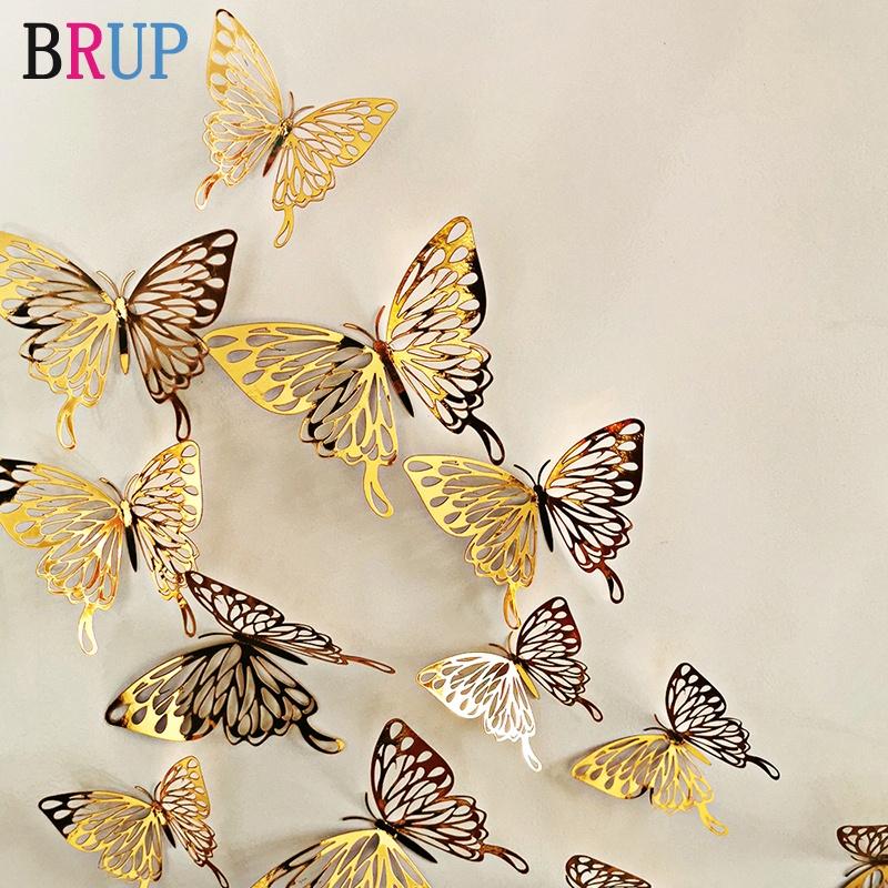 12Pcs/lot New 3D Hollow Golden Butterfly Wall Stickers Art Home Decorations Wall Decals for Party Wedding Display Shop