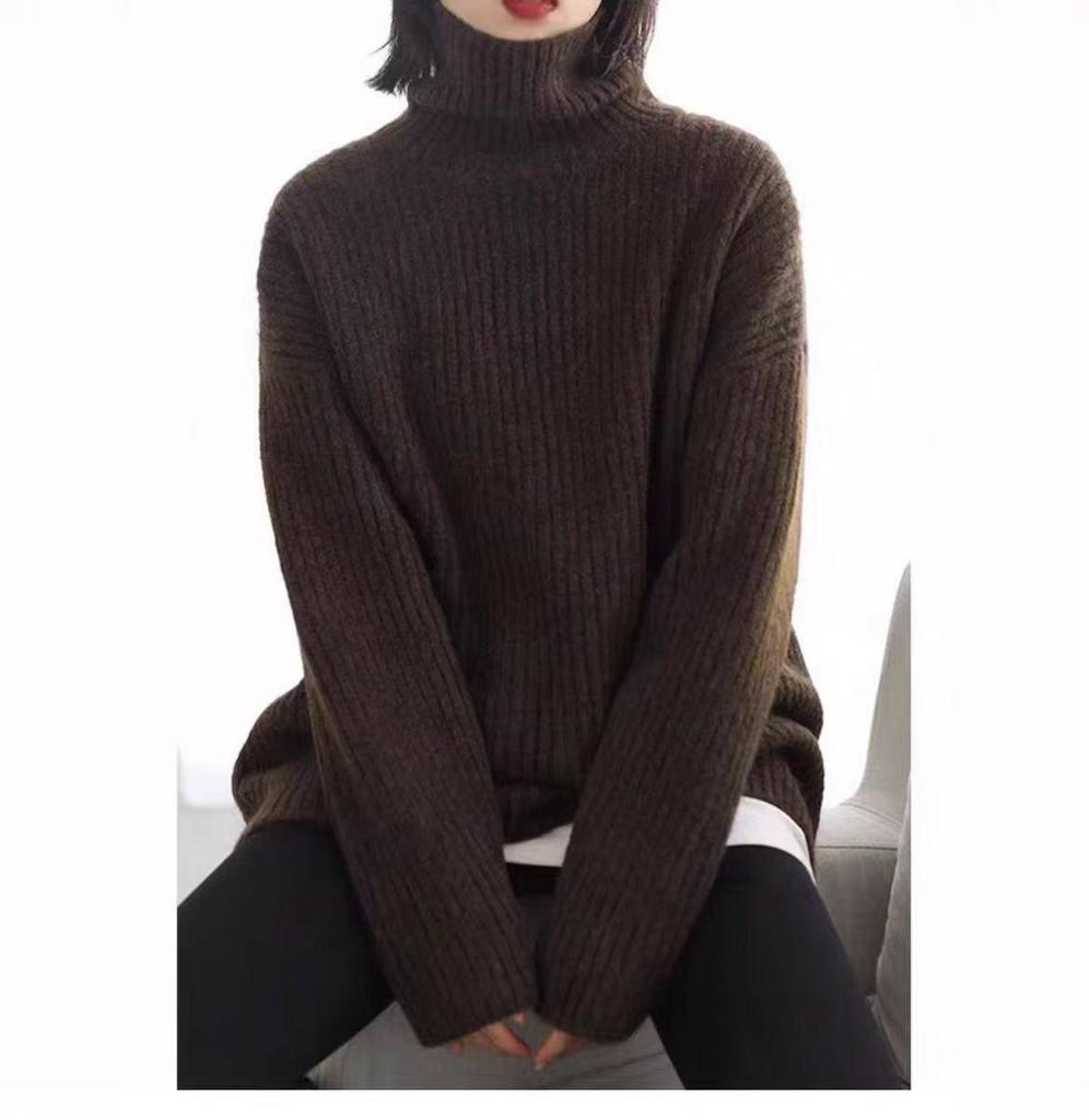 Damen Europäischer Stil Hoher Kragen Reiner Wollpullover - Herbst/Winter Mittellang, Lockere Passform, Gerippt, Elegante Strickware