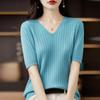 Women's Sweater Spring Summer Short Sleeve V-neck Knit Shirt Casual Korean Pullovers Stripe Bottoming Shirt Slim Fit Jumpers
