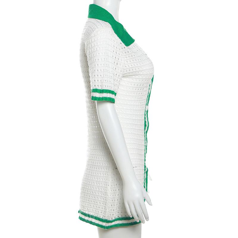 Women's Fashion Casual Knit Rib Dress Short Sleeve Hip Button Waist Skirt