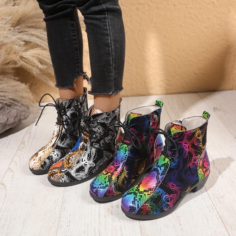 Autumn New Thick Heel Single Boot Fashion Round Head Front Lace-up Printed Women's Boots Classics Soft Sole Non-slip Ankle Boots