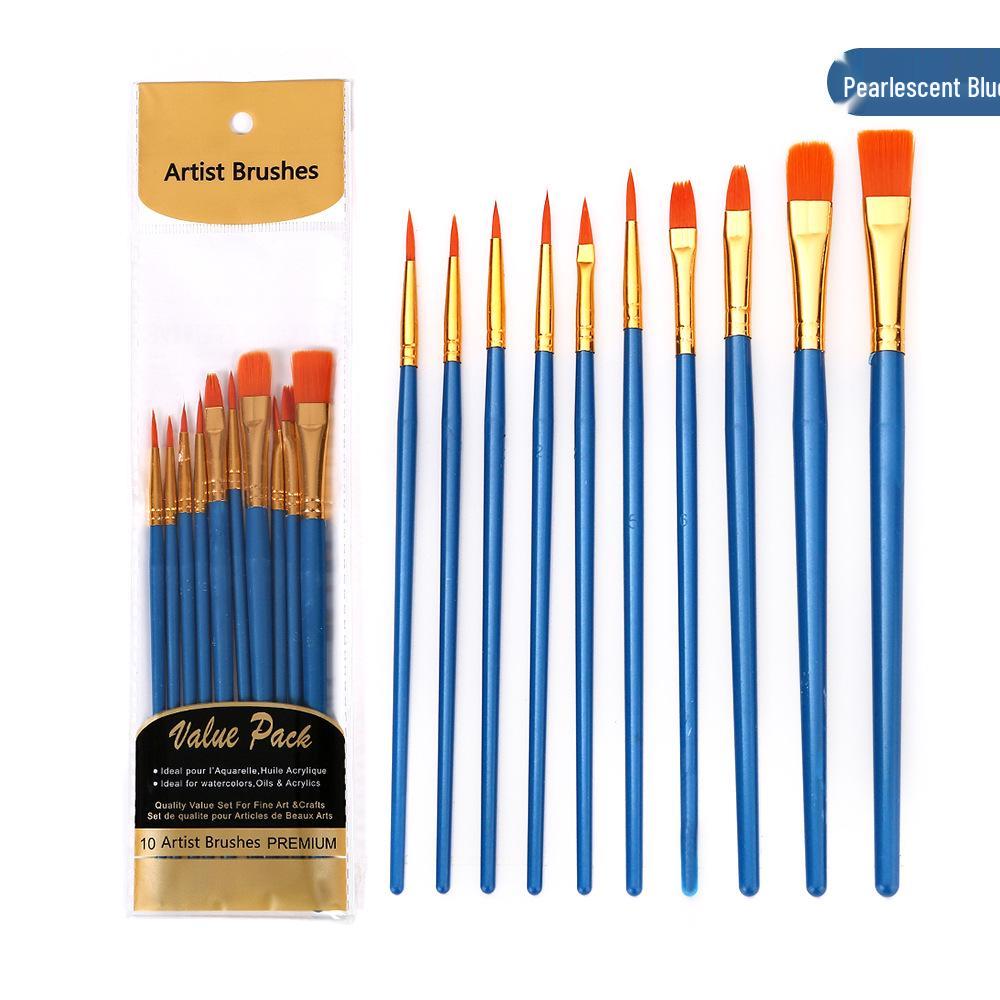 10-Piece Nylon Paintbrush Set with Plastic Handles for Oil, Watercolor, and Gouache Painting