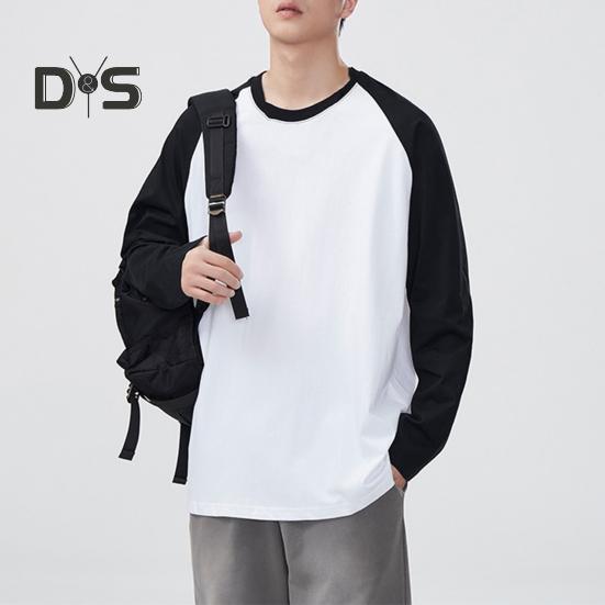 Men Spring Autumn T-shirt Color Matching Loose Round Neck Long Sleeves Pullover Top Casual School Sport Clothes