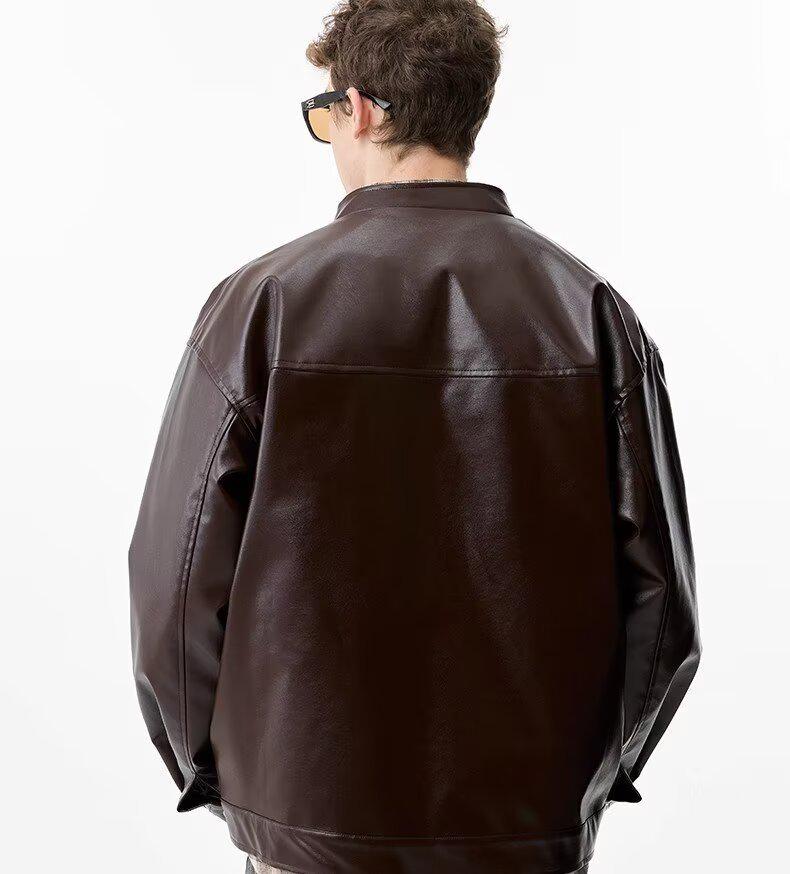 Men's Retro High-End Leather Motorcycle Jacket with Stand Collar - Loose Fit, Plus Size, Fashionable Casual Outerwear.
