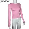 BITCED Women's Spring/Autumn T-Shirt Solid-Colour O-Neck Base Layer Slim-Fit Long-Sleeved Top