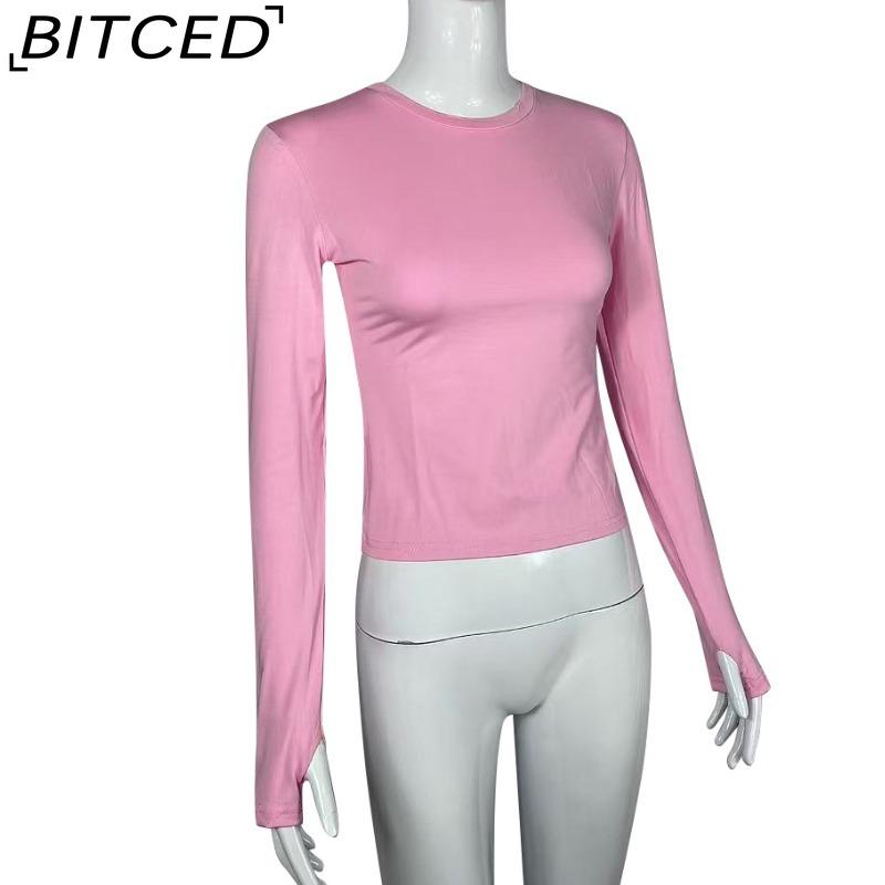 BITCED Women's Spring/Autumn T-Shirt Solid-Colour O-Neck Base Layer Slim-Fit Long-Sleeved Top