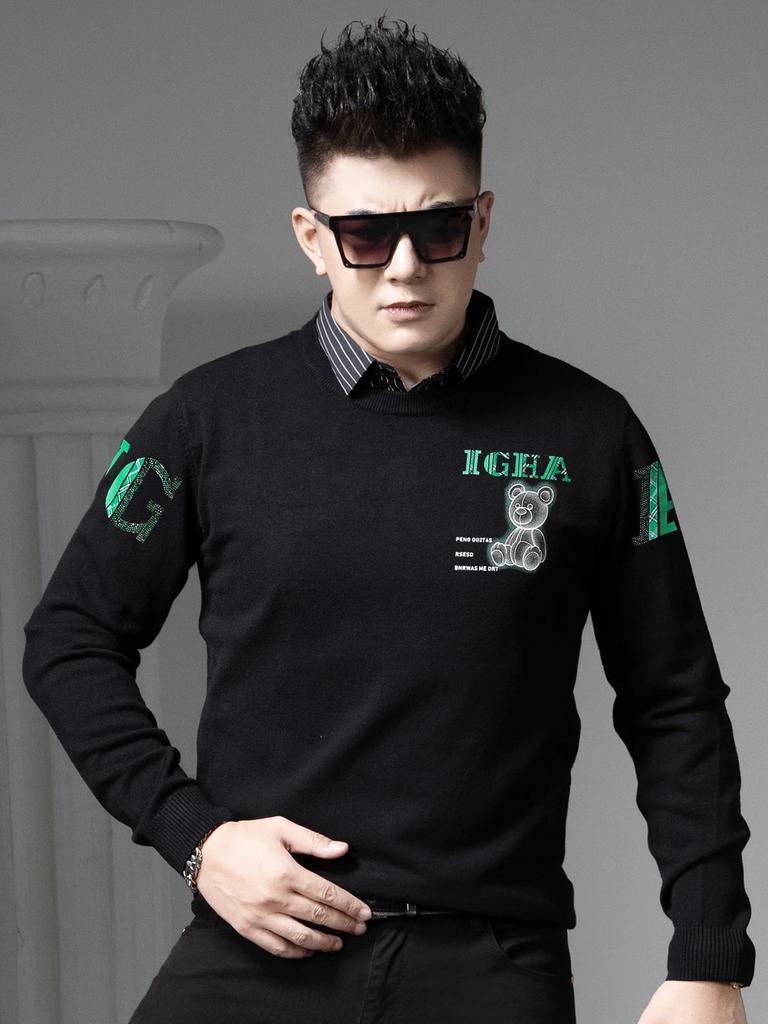 European-Style Fake Two-Piece Round Neck Sweater for Men, Spring and Autumn Trendy Brand Bear Print Knit Pullover Men's Base Layer Shirt