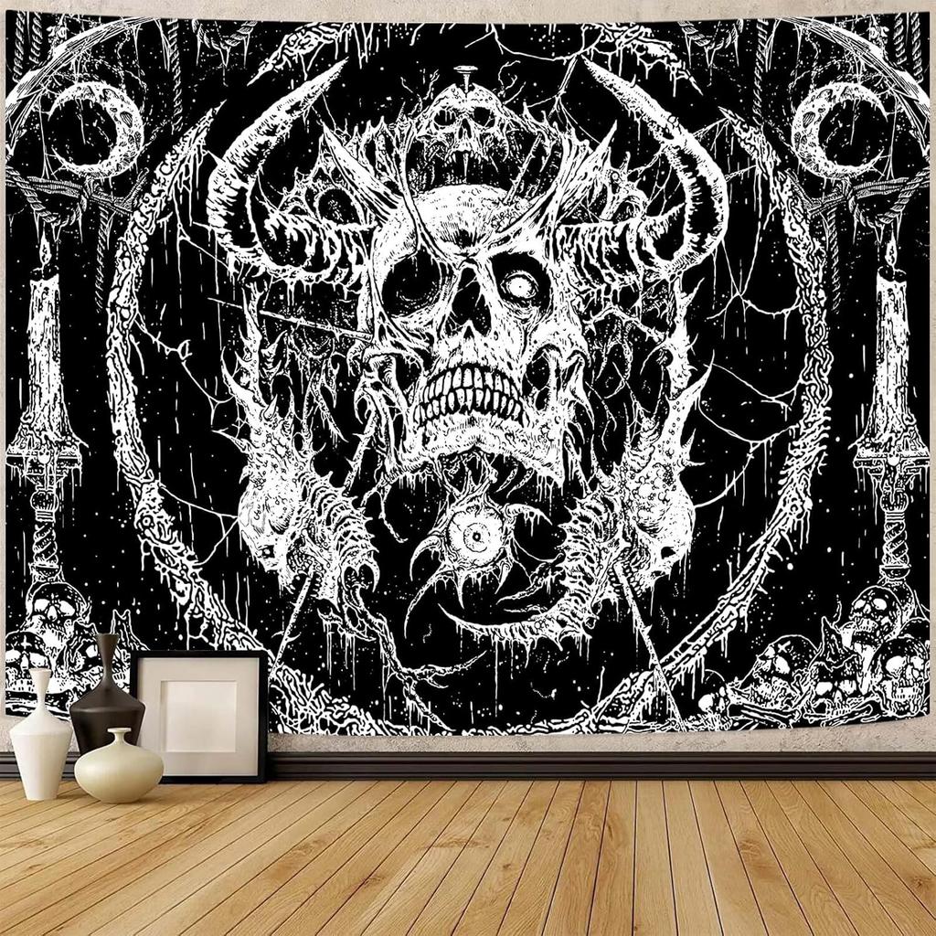 Lifeella Skull Tapestry, Gothic Horror Moon Skeleton Mystic Dark Tapestries for Bedroom Grunge Wall Hanging Black and White 36 X 48 Inch