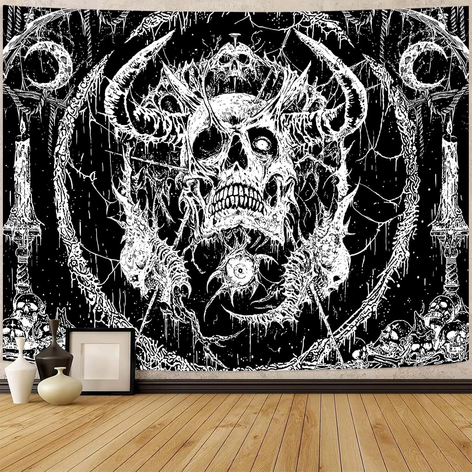 

VIKAMA Skull Print Decorative Tapestry Gothic Horror Style Moon Skull Pattern Mysterious DarkThemed Bedroom Decorative Tapestry 74x94cm(29x37in)