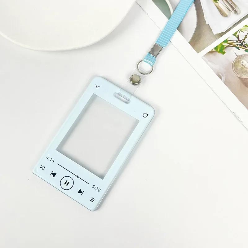 Music Player ID Card Holder with Spring Rope Heart Charm for Women Girls Kid Colorful Bus Subway Credit Card Protector Shell