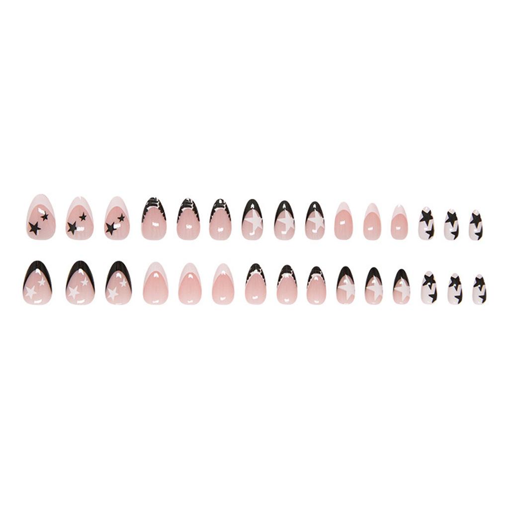 24 Pcs French Tip Press On Nail Almond Shape False Nail Stars Acrylic Nail Glossy Full Cover Stick On Nail