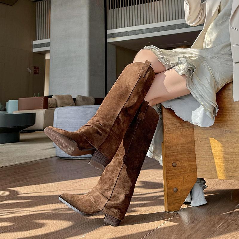 Women's Shoes Super Fire Boots Women's Thick Heel Pants Boots Knee Brown Merad Western Cowboy Knight Boots